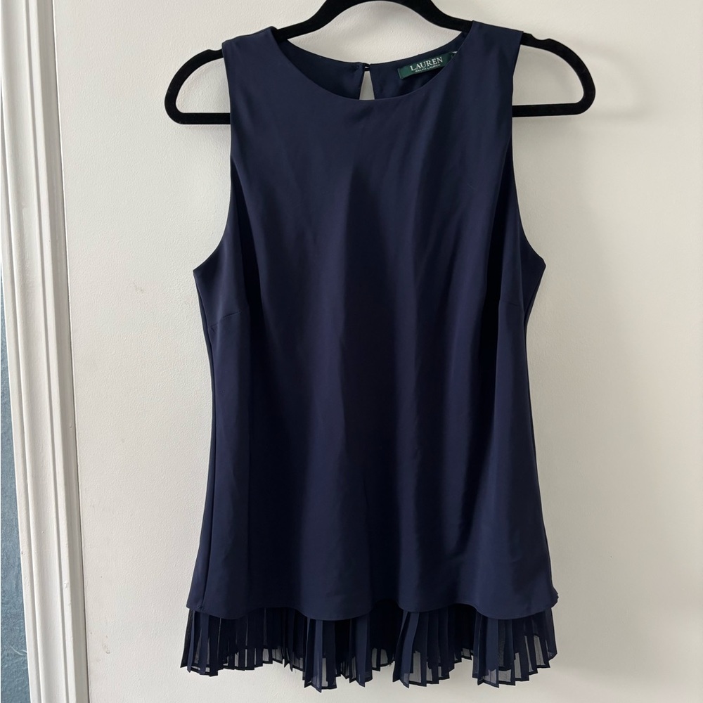 Lauren Ralph Lauren Navy Crepe Pleated Hem Sleeveless A-line Top Tank Size 8